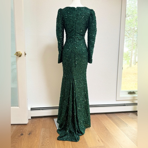 Giffniseti Sequined Emerald Green Mermaid Evening Gown Puff Sleeves Rosette S - Picture 10 of 13